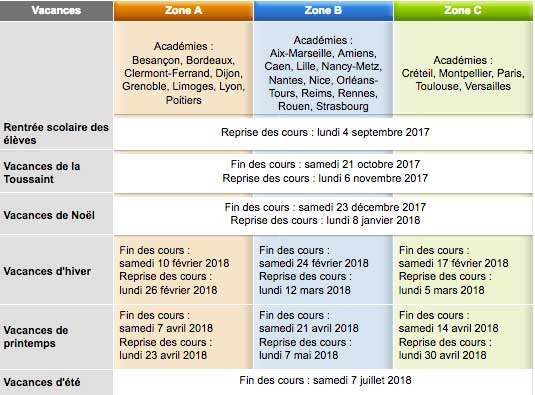 Calendrier des vacances scolaires 2017-2018